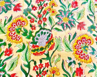 Multicolor Floral Hand Block Print Cotton Fabric by the Yard | Indian Floral Fabric | Jaipur Cotton Fabric for  Quilting & Dressmaking