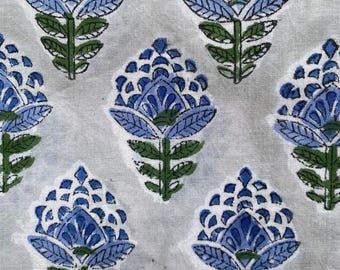 Blue Hand Block Print Cotton Fabric by the Yard | Indian Floral Fabric