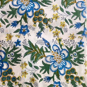 Blue Green Floral Hand Block Printed Cotton Fabric | Indian fabric| fabric by the yard | Fabric for Dressmaking, Quilting, Decor.