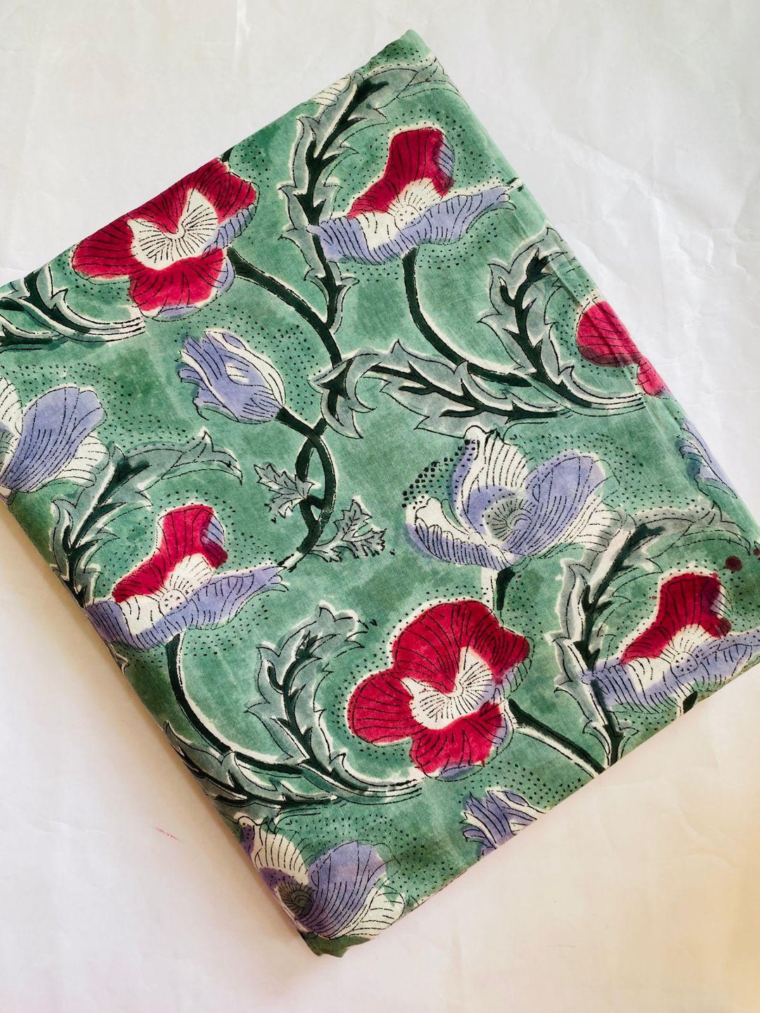 Green Floral Block Print Cotton Fabric by the Yard | Indian Hand ...