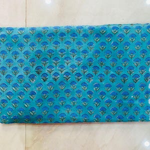 Blue Floral Hand Block Print Cotton Fabric, Indian Jaipur Cotton Fabric by the Yard, Boho Dress Fabric, Quilting & Craft Fabric