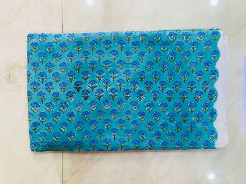 Blue Floral Hand Block Print Cotton Fabric, Indian Jaipur Cotton Fabric by the Yard, Boho Dress Fabric, Quilting & Craft Fabric