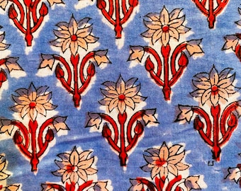 Blue Floral Hand Block Print Cotton Fabric by Yard, Indian Jaipur Fabric, Quilting Sewing Dressmaking Curtain Fabric.