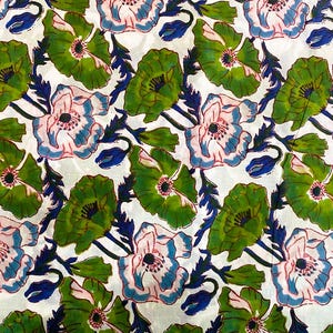 White & Green Hand Block Print Cotton | Fabric by the Yard | Indian Fabric | Fabric for Sewing, Quilting, Women Clothing ,Curtains.