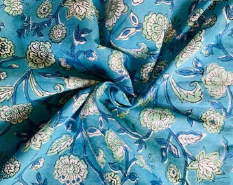 Blue Floral Hand Block Print Cotton Fabric by the Yard, Indian Jaipur Quilting Fabric for Sewing, Dress Making & Home Decor