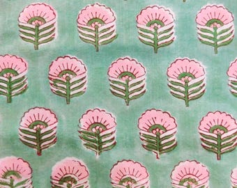 Hand Block Print Cotton Fabric: Mint Green & Pink Floral, Indian Sewing Quilting.