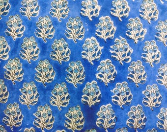 Hand Block Print Cotton Fabric by the Yard, Blue Floral Fabric for Dressmaking, Indian Cotton ,Quilting Fabric.