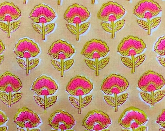 Beige Floral Hand Block Print Cotton Fabric, Indian Dressmaking ,fabric by the yard.