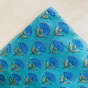 Blue Floral Block Print Cotton Fabric by the Yard, Hand Printed Indian Cotton Fabric, Jaipur Fabric for Dresses, Quilting & Sewing