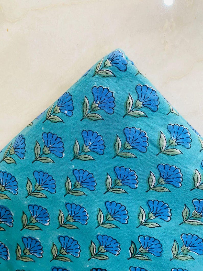 Blue Floral Block Print Cotton Fabric by the Yard, Hand Printed Indian Cotton Fabric, Jaipur Fabric for Dresses, Quilting & Sewing