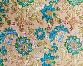 Hand Block Printed Cotton Fabric by the Yard , Beige Floral Fabric, Indian textile for Sewing,Quilting.
