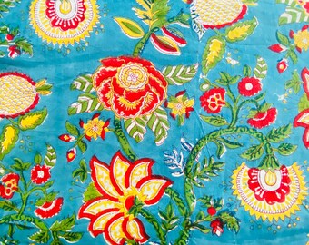 Indian Floral Block Print Cotton Fabric by the Yard | Jaipur Quilting Dressmaking Soft Cotton Fabric