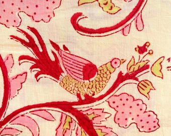 Bird Floral Hand Block Print Cotton Fabric by the Yard, Pink Indian Fabric for Sewing, Quilting & Dressmaking.