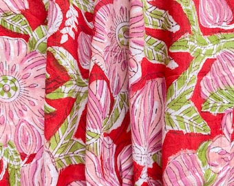 Rot Rosa Floral Hand Block Print Baumwolle Stoff Meterware, Indische Schneiderei, Quilten