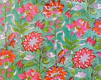 Hand Block Print Cotton Fabric | Green  Pink Floral Indian Fabric by the Yard.