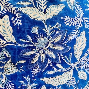Blue Floral Hand Block Print |Fabric by the Yard | Indian Cotton Fabric | Fabric for Women Clothing, Crafts, Fabric For Curtains