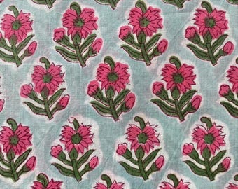 Green & Pink Floral Hand Block Print Cotton Fabric by the Yard | Indian Jaipur Cotton Fabric for Sewing, Quilting and Dressmaking