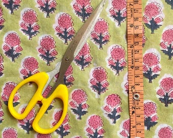 Pink Green Floral Hand Block Print Cotton Fabric by the Yard | Indian Cotton Fabric for Sewing, Quilting & Dressmaking