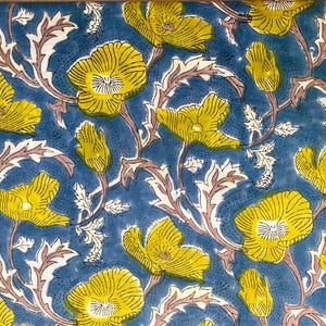Blue Floral Hand Block Print |Fabric by the Yard | Indian Cotton Fabric | Fabric for Women Clothing, Crafts, Fabric For Curtains
