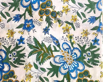 Blue Green Floral Hand Block Print Cotton Fabric by the Yard, Indian Jaipur Quilting Fabric for Sewing, Dress Making & Home Decor.