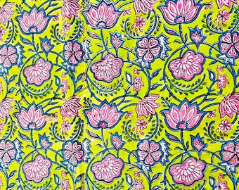 Lime Green Floral Hand Block Print Cotton Fabric by the Yard | Pink Lotus Indian Fabric | Jaipur Cotton for Sewing, Quilting & Dressmaking