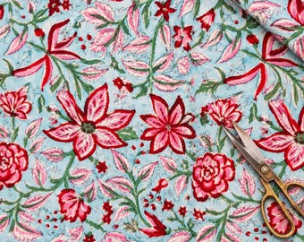 Light Blue Floral Cotton Fabric by the Yard | Pink Red Flower Print Fabric for Sewing, Quilting & Dressmaking