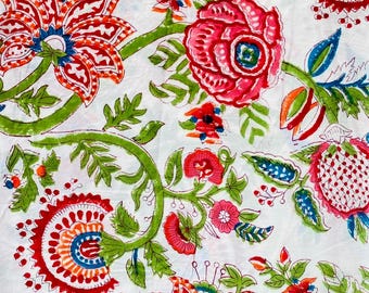 Red White Floral Block Print Cotton Fabric by the Yard | Jaipur Indian Quilting Sewing Dressmaking Curtain Fabric.