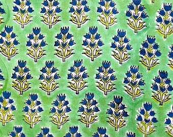 Blue & Green Floral Hand Block Print Cotton Fabric by the Yard, Indian Fabric, Dressmaking Sewing Quilting Cotton, 44" Wide