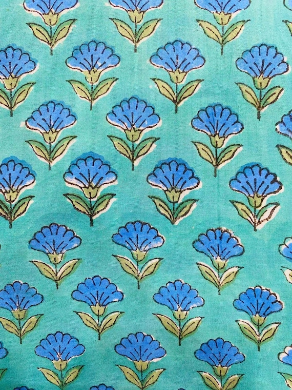Hand Block Print Cotton Fabric by the Yard, Blue Floral Indian Fabric, Jaipur Cotton Fabric, Floral Dress Fabric, Quilting Sewing Material