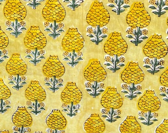 Hand Block Print Cotton Fabric by the Yard, Floral Print Natural Dyed Indian Textile, Quilting Sewing Material