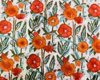White  Orange Floral Hand Block Print Cotton Fabric by the Yard | Indian Cotton Fabric for Sewing, Quilting & Summer Dresses | Jaipur Print