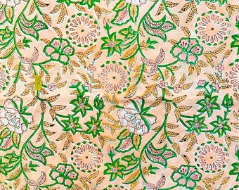 Pink Green floral Hand Block Print Cotton Fabric by the yard,Indian jaipur Dressmaking sewing ,curtain fabric ,
