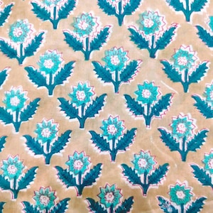 Blue Green Floral Hand Block Print Cotton Fabric by the Yard | Indian Fabric for Sewing, Dressmaking, Crafts, Clothing, Curtain