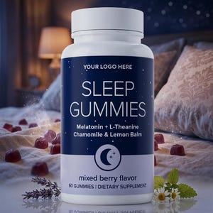 May include: A white plastic bottle of dietary supplement sleep gummies with a dark blue label. The label text reads: YOUR LOGO HERE, SLEEP GUMMIES, Melatonin + L-Theanine, Chamomile & Lemon Balm, mixed berry flavor, and 60 GUMMIES.