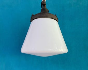 Original 1950s industrial ceiling lamp, conical chandelier in opal glass and cast iron