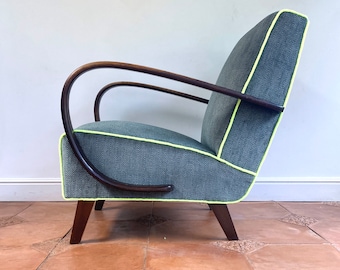 Original 1930's Halabala armchair new upholstery in green and white herringbone velvet with UV reactive neon yellow piping