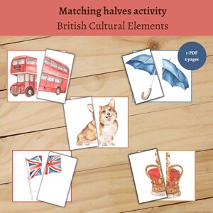 May include: Matching halves activity for kids featuring British cultural elements. The cards show a red double-decker bus, a blue umbrella, a Welsh Corgi, a Union Jack flag, and a crown.