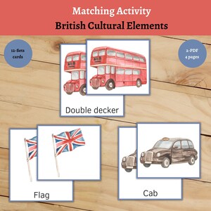 British Cultural Elements-Montessori printable 12 set cards. British Cultural Elements matching activity. Preschool vocabulary cards.