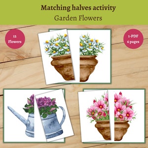 Montessori Garden Flowers - Halves Memory Matching Game. Toddler matching halves activity. Educational children game. Printable worksheet