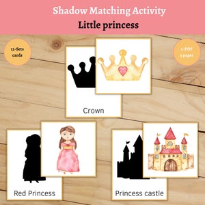 Può includere: Attività di abbinamento delle ombre per bambini con una principessa, un castello, una corona e una principessa rossa. L'attività stampabile include 12 set di carte ed è disponibile come download 2-PDF con 4 pagine.
