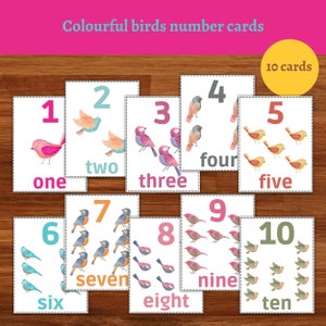 Cartes numérotées d'oiseaux colorés de 1 à 10. Cartes de comptage Imprimable à l'aquarelle pour tout-petits. Art mural de pépinière imprimable Téléchargement numérique Homeschool.