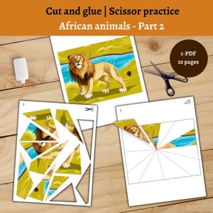 African animals-Part2-CUT and GLUE Activities, Preschool, Kindergarten Activity, Scissor Skills, Cutting Practice Worksheets, Paper Crafts