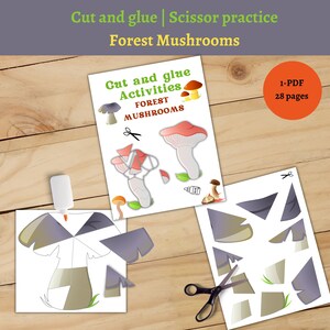 Forest Mushrooms-CUT and GLUE Activities, Preschool, Kindergarten Activity, Scissor Skills, Cutting Practice Worksheets, Paper Crafts