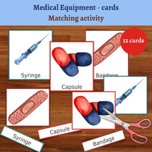 Medical Equipment - Montessori printable 12 cards. Medical Equipment matching activity. Preschool vocabulary cards.