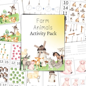 Può includere: Un pacchetto di attività stampabile per bambini con animali della fattoria, tra cui un maiale, una pecora, un cavallo, una mucca e un mulino a vento. Il pacchetto include attività di conteggio, abbinamento e tracciamento.