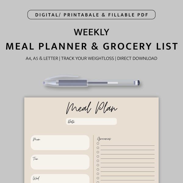 Digital and printable weekly meal plan and grocery list