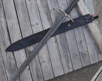 Hand-Forged Damascus Viking Longsword | Medieval Norse Sword | Leather Scabbard | Collectible Warrior Blade