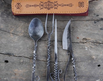 Edge Master Viking, ensemble de couteaux fourchette et cuillères, 4 ustensiles de cuisine médiévaux en acier au carbone, multicolore et beau kit, meilleur cadeau, kit de camping