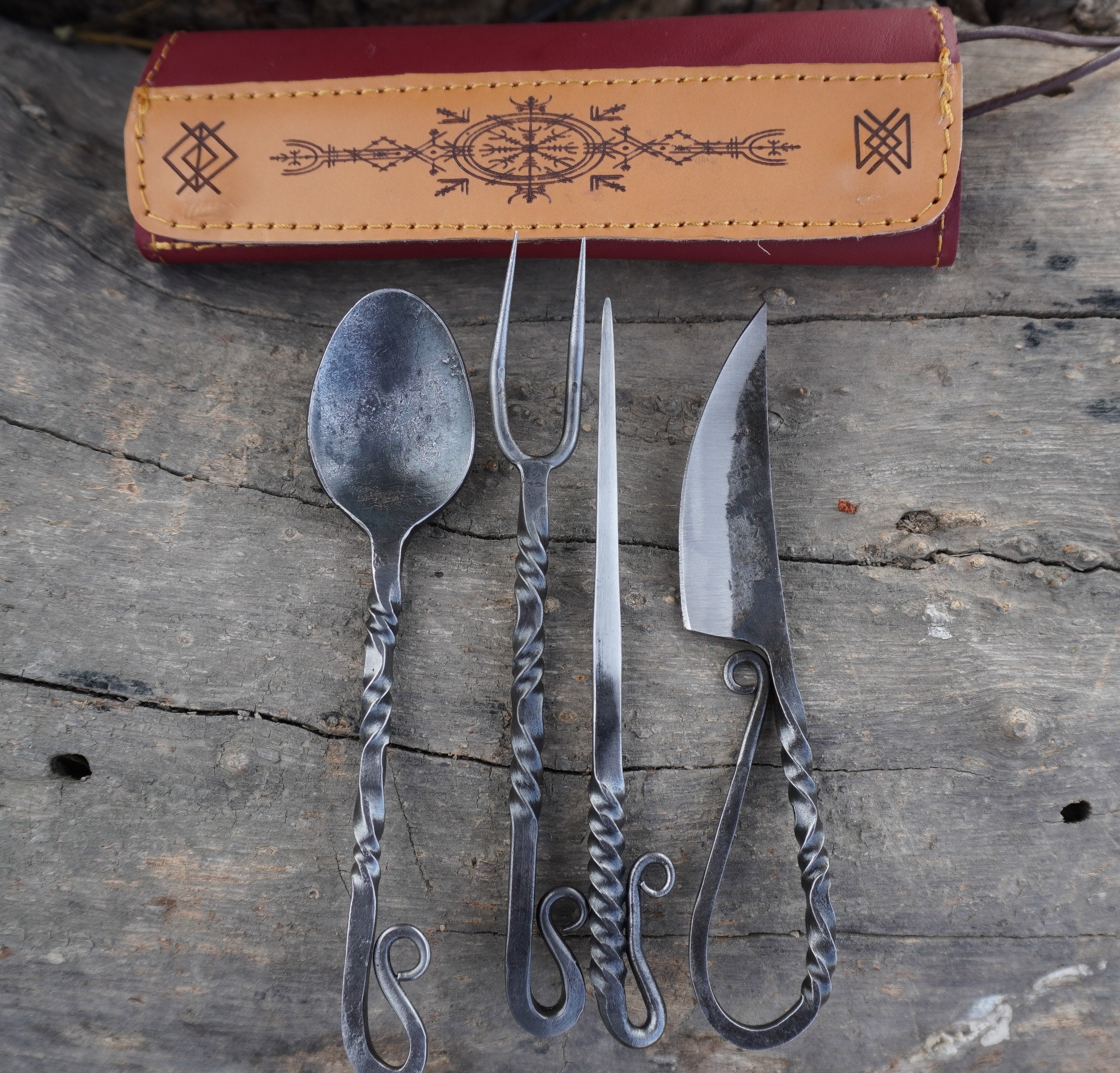 Edge Master Viking Fork Knife and Spoon Medieval Eating Utensil Set,4Pcs Carbon Steel, Multicolor with beautiful Kit, Best gift,Camping Set