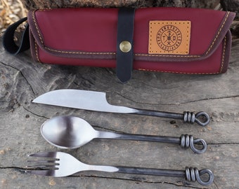 Edge Master Viking, couteau fourchette et cuillère, ustensiles de cuisine médiévaux, 3 pièces en acier au carbone, multicolore et beau kit, meilleur cadeau, kit de camping